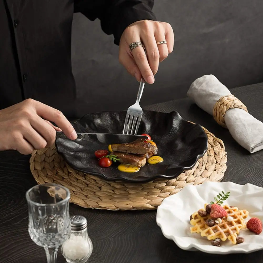 Petal Design Ceramic Plate – Black Stoneware Dish for Dinner & Dessert | Your Home™