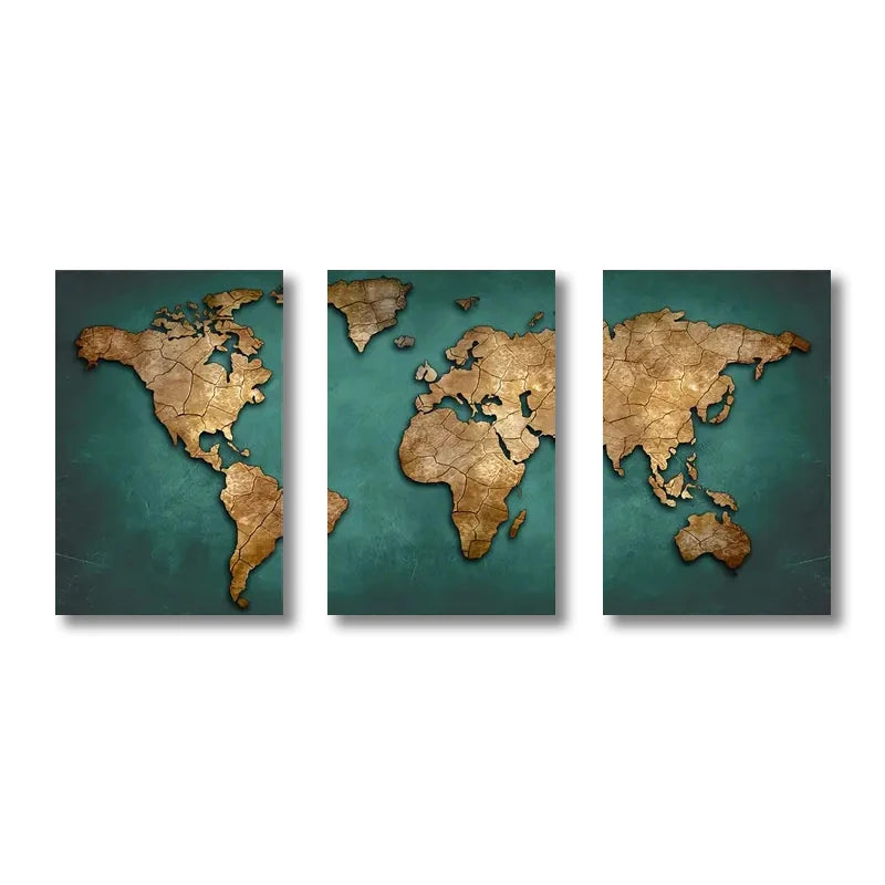 Vintage World Map Canvas Set – 3-Piece Retro Wall Art for Living Room, Office & Bedroom