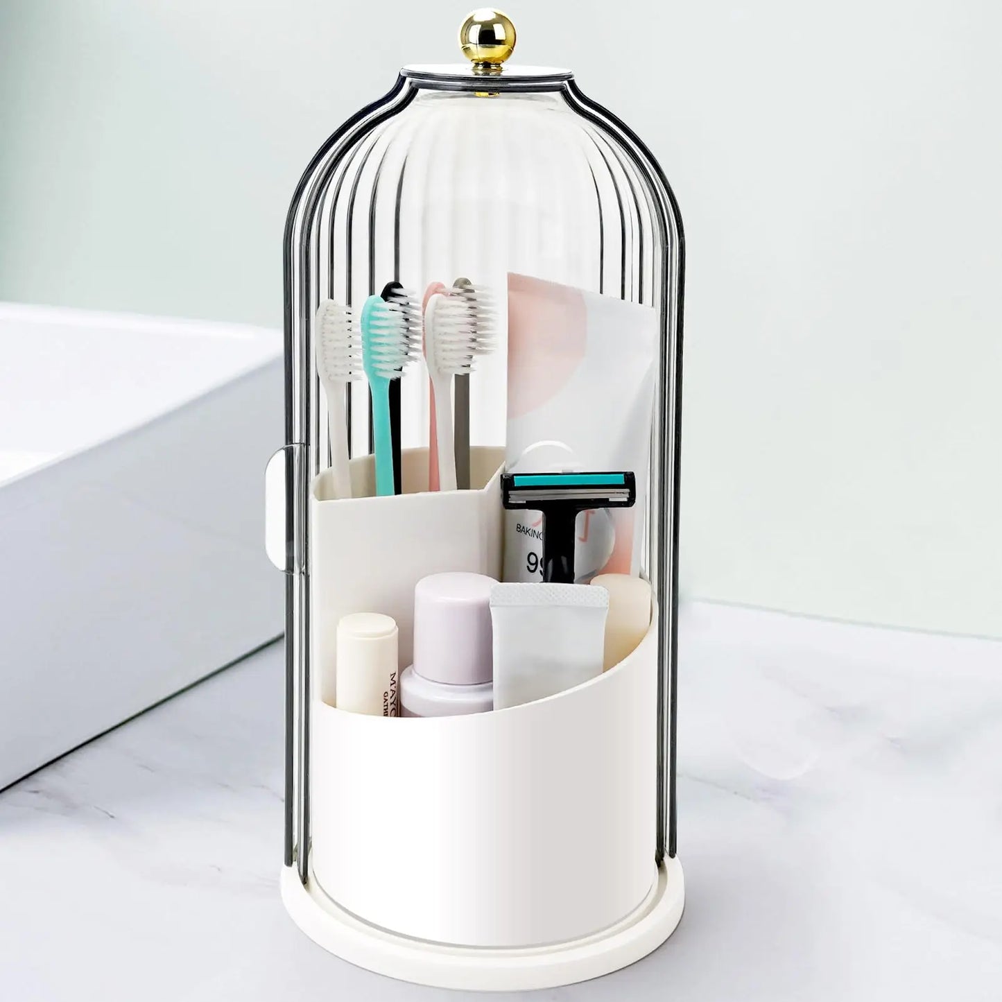 Rotating Toothbrush & Bathroom Essentials Organizer with Dust-Proof Sliding Dome | Multi-Slot Countertop Storage