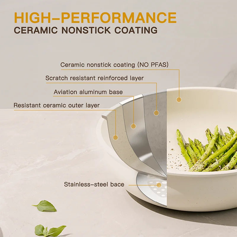 Piece Pots and Pans Set Non-Stick, Astercook Ceramic Cookware Set with Sensor Handles, Milky white YOUR HOME™