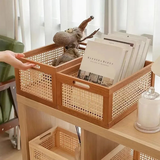 Vintage Rattan Storage Basket – Wooden Woven Organizer for Books, Snacks, Cosmetics & Home Décor