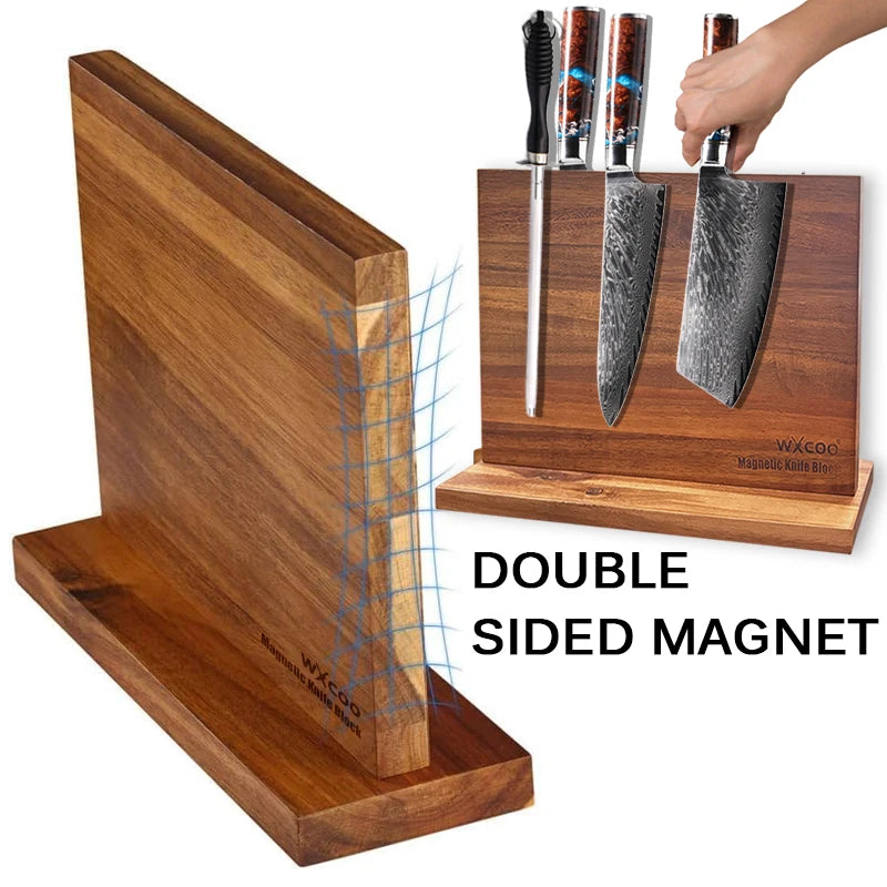 Acacia Magnetic Knife Block — Premium Double-Sided Wooden Knife Holder with Hidden Neodymium Magnets & Stainless Steel Base