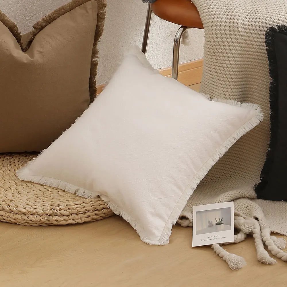 Nordic Linen Throw Pillow Cover with Fringe – Soft Decorative Cushion Cover for Sofa, Living Room & Bedroom