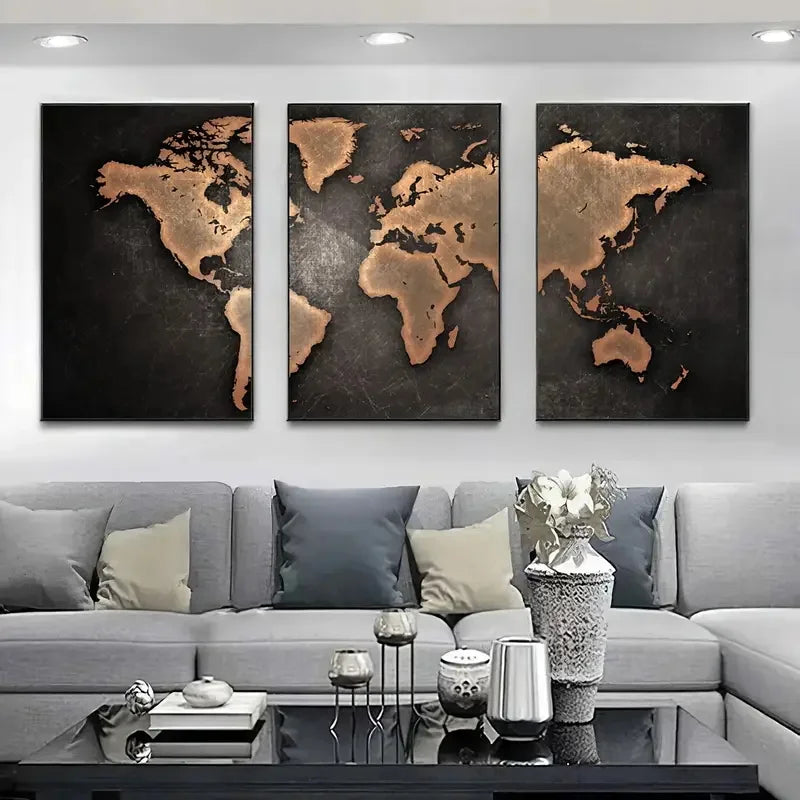 Vintage World Map Canvas Set – 3-Piece Retro Wall Art for Living Room, Office & Bedroom