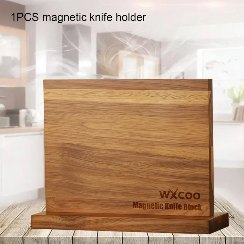 Acacia Magnetic Knife Block — Premium Double-Sided Wooden Knife Holder with Hidden Neodymium Magnets & Stainless Steel Base
