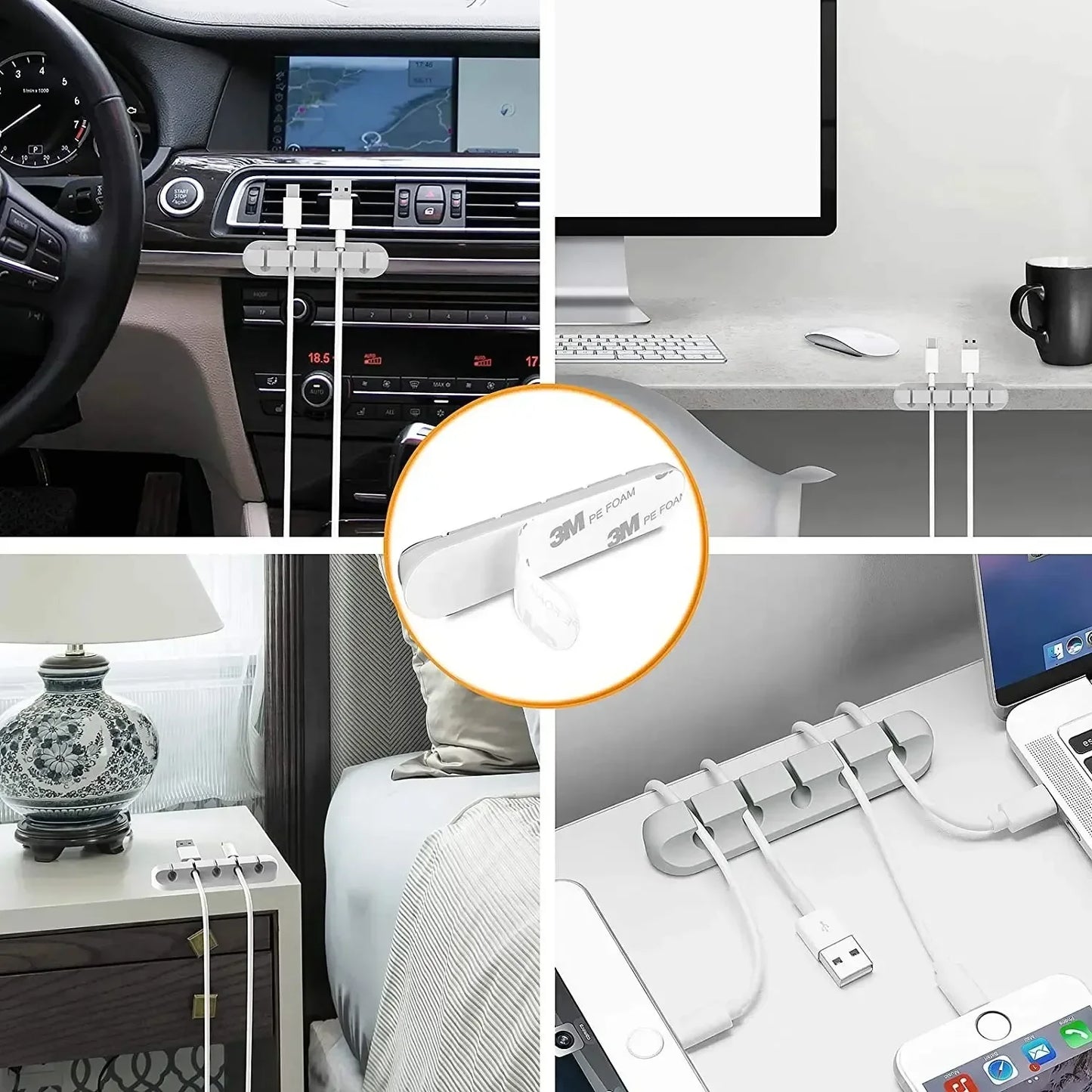 Adhesive Cable Organizer – Multi-Slot Wire Holder for Desk, Car & Home | USB, Charging Cords, Headphones
