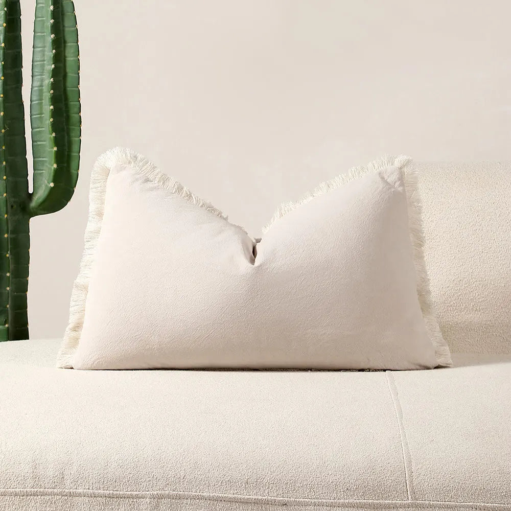 Nordic Linen Throw Pillow Cover with Fringe – Soft Decorative Cushion Cover for Sofa, Living Room & Bedroom
