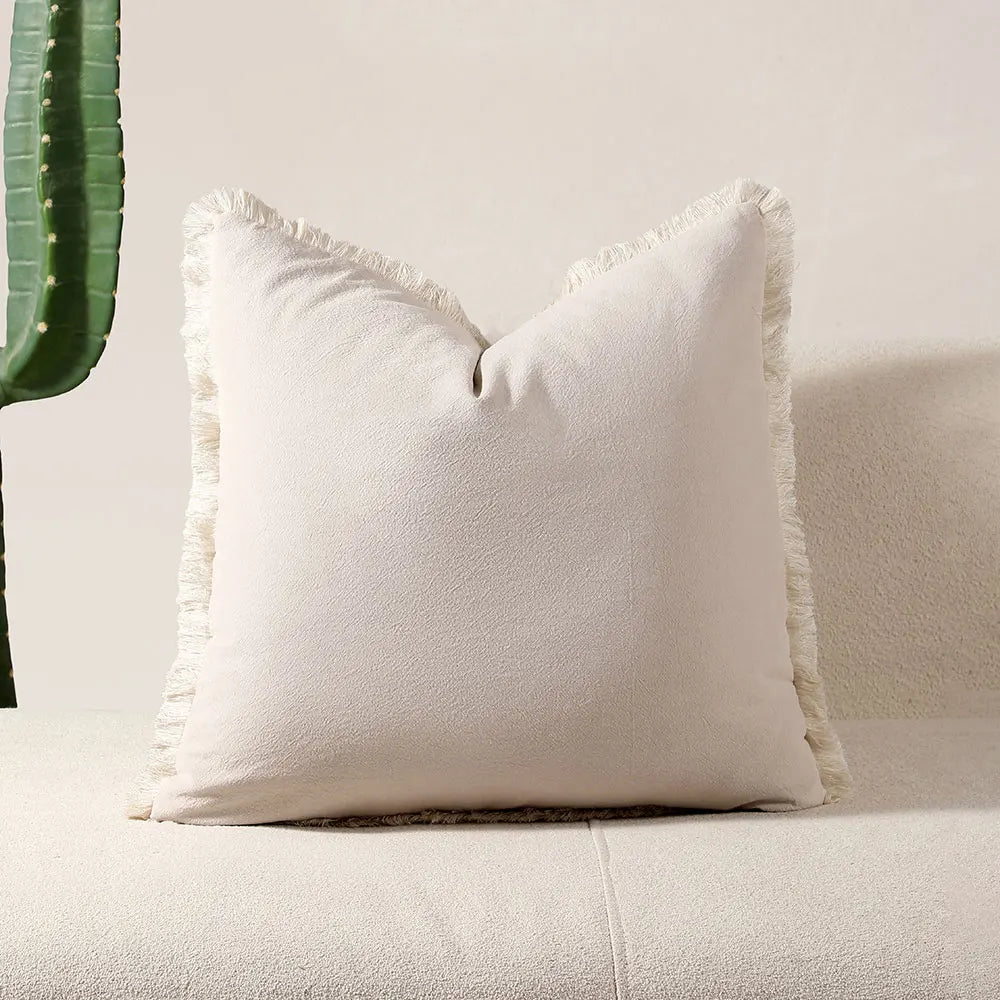 Nordic Linen Throw Pillow Cover with Fringe – Soft Decorative Cushion Cover for Sofa, Living Room & Bedroom