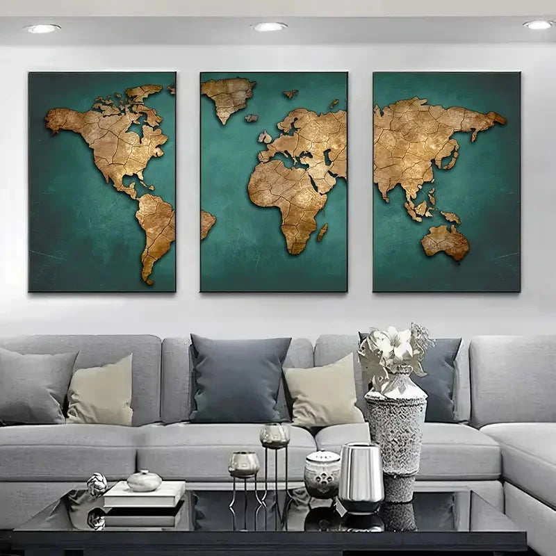 Vintage World Map Canvas Set – 3-Piece Retro Wall Art for Living Room, Office & Bedroom