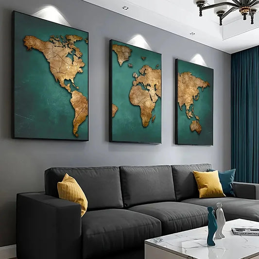 Vintage World Map Canvas Set – 3-Piece Retro Wall Art for Living Room, Office & Bedroom