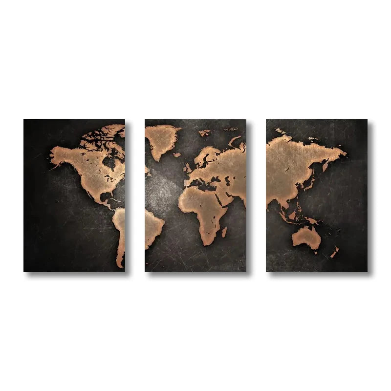 Vintage World Map Canvas Set – 3-Piece Retro Wall Art for Living Room, Office & Bedroom
