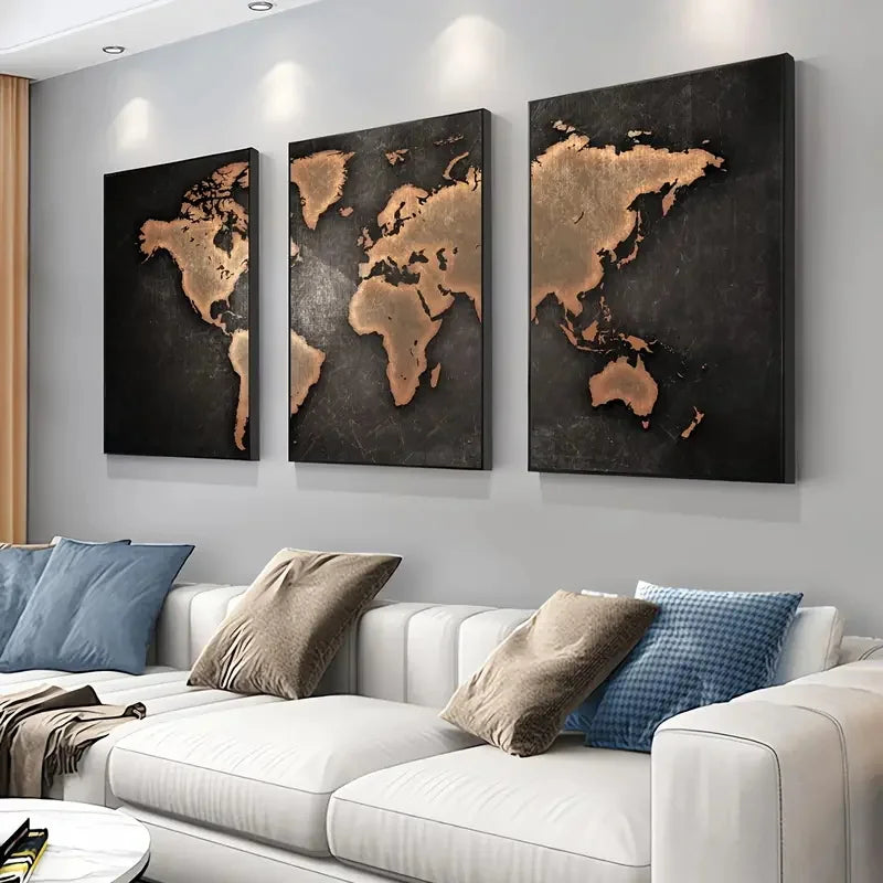 Vintage World Map Canvas Set – 3-Piece Retro Wall Art for Living Room, Office & Bedroom