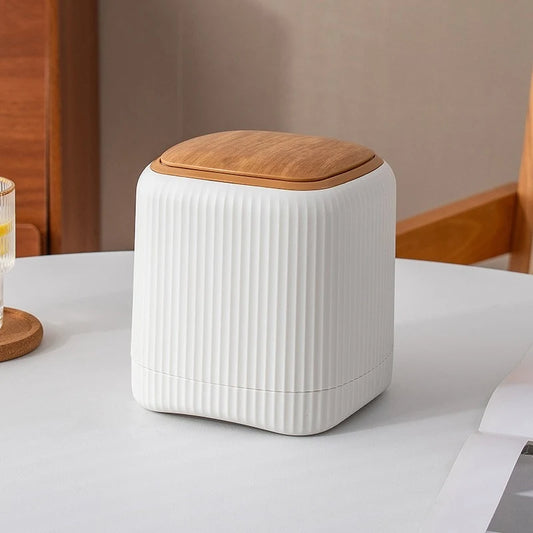 Mini Desktop Trash Can with Wooden Lid – Modern Tabletop Waste Bin for Home & Office
