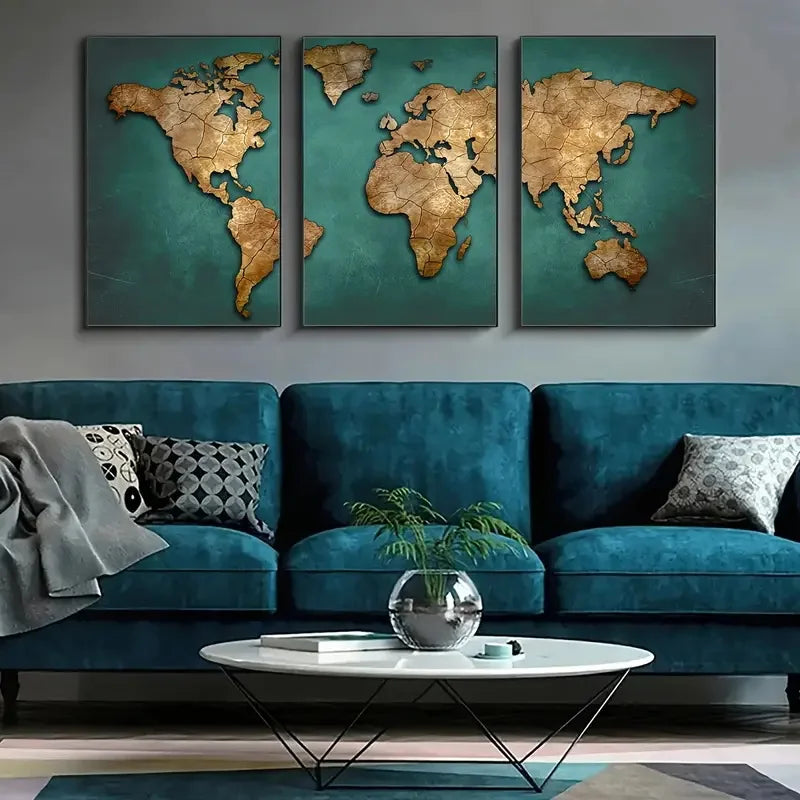 Vintage World Map Canvas Set – 3-Piece Retro Wall Art for Living Room, Office & Bedroom