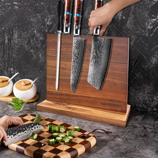 Acacia Magnetic Knife Block — Premium Double-Sided Wooden Knife Holder with Hidden Neodymium Magnets & Stainless Steel Base
